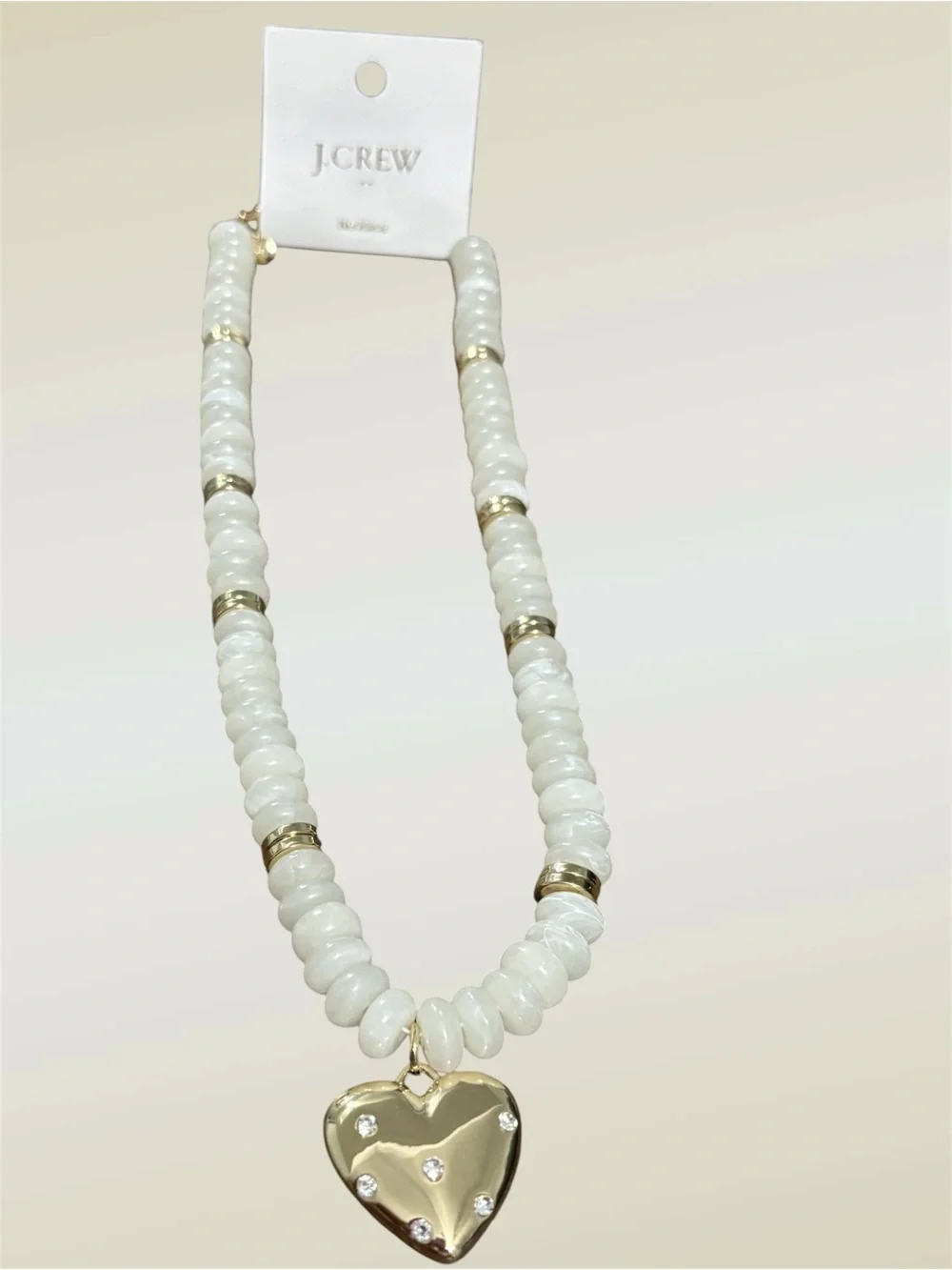 J. Crew Ivory Beaded Necklace with Gold Heart Charm